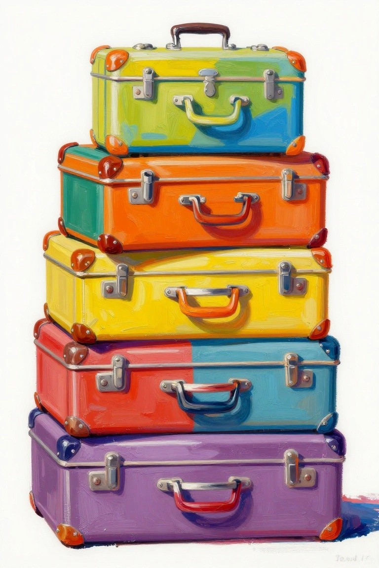 Colorful stack of vintage suitcases in bright hues with painterly texture.