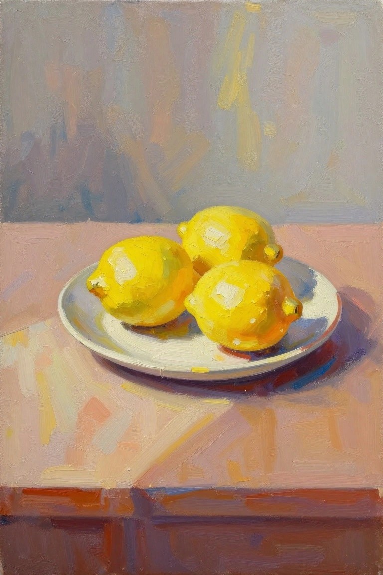 Three yellow lemons on a white plate atop a pink table