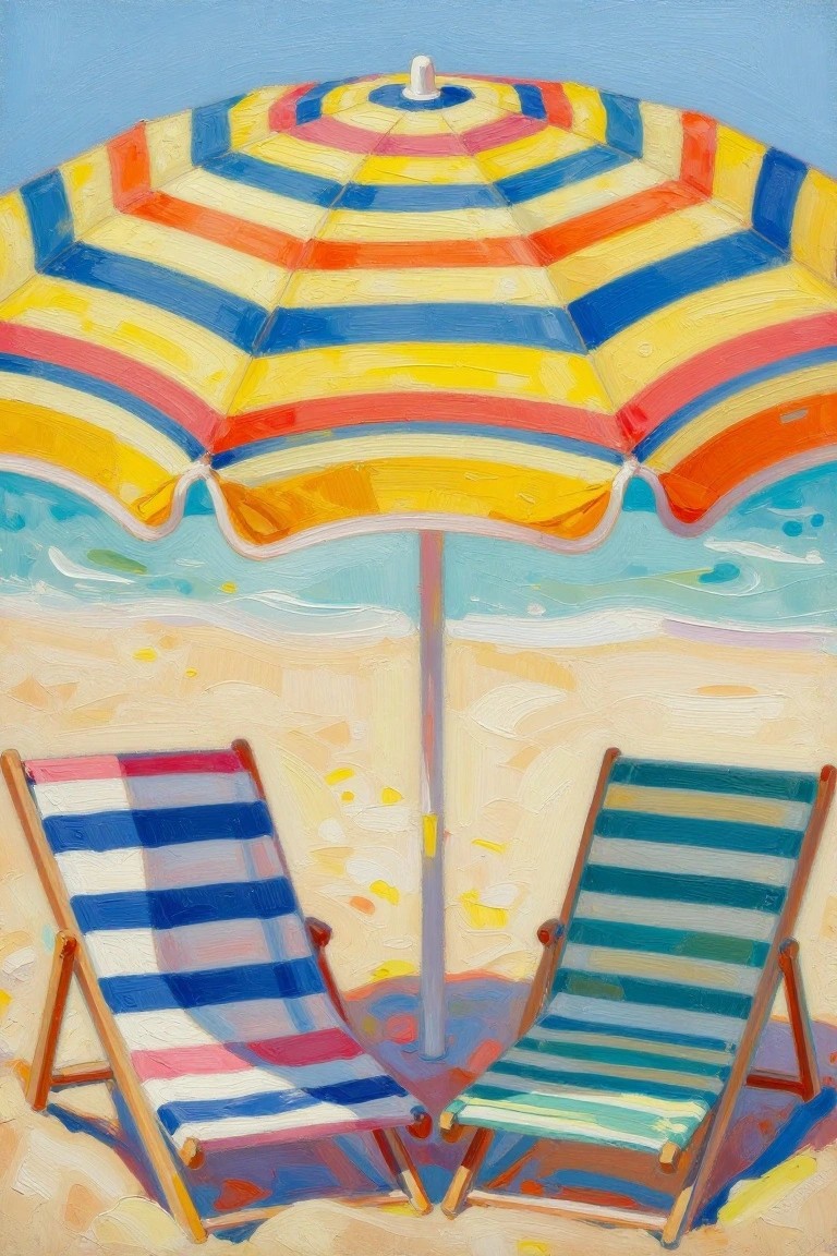 Colorful striped umbrella shading two lounge chairs on sandy beach by turquoise sea