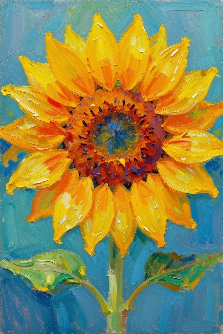 Vibrant impasto sunflower with yellow petals, colorful center, and green leaves on blue background
