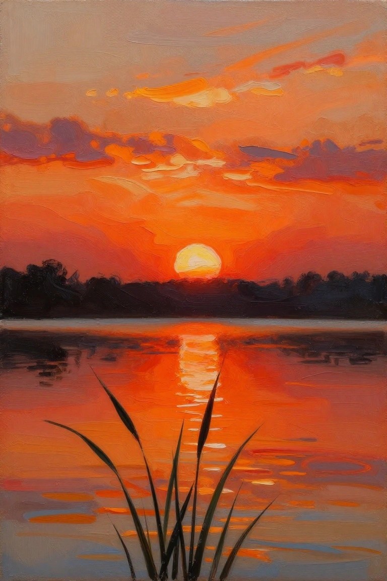 Vibrant orange sunset reflecting on water with silhouetted reeds and distant trees