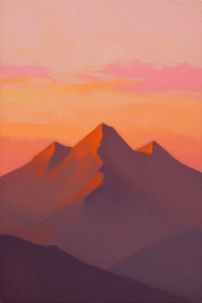 Vibrant sunset painting of silhouetted mountain peaks in orange and pink hues.