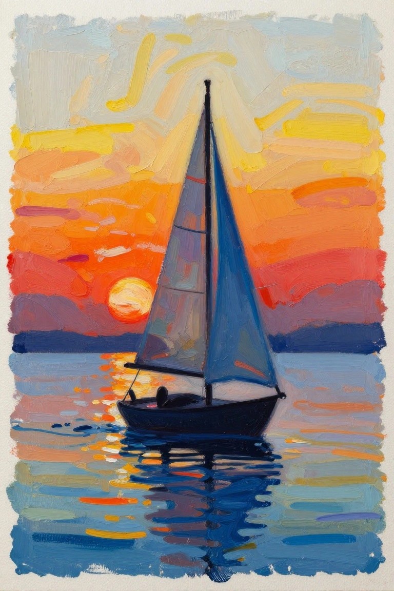 Sailboat with blue sails on calm water under vibrant orange-red sunset sky