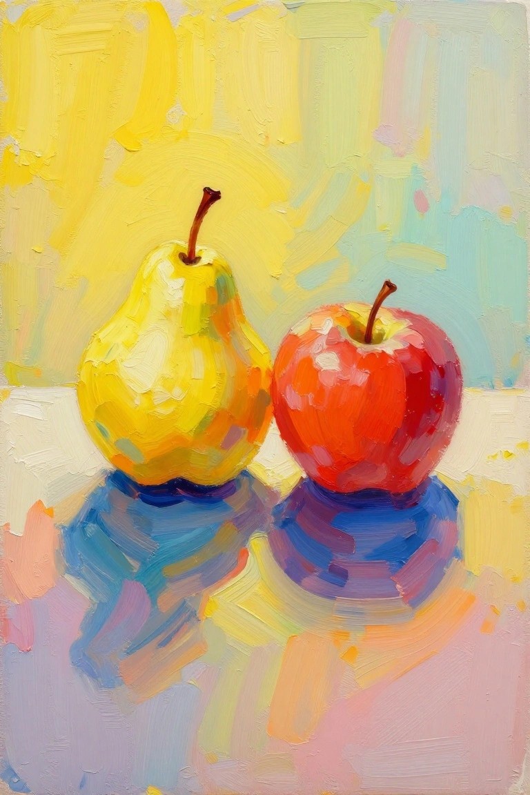 Vibrant oil painting of yellow pear beside red apple with blue reflections
