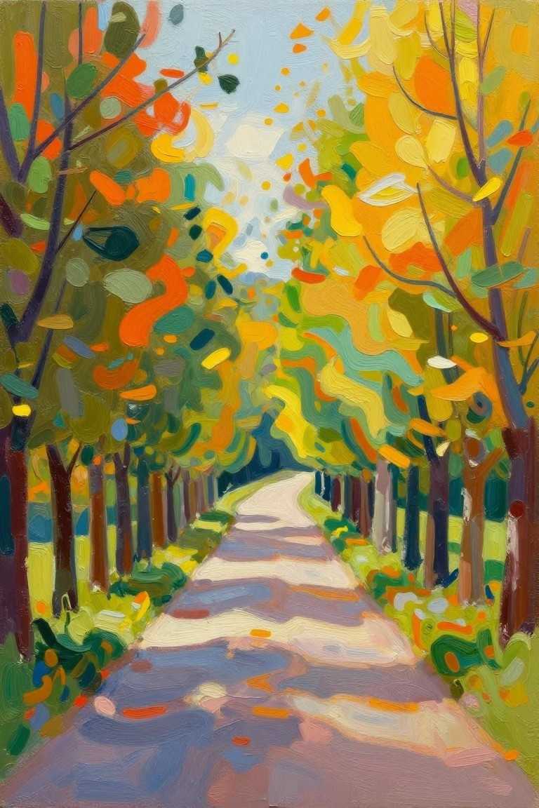 Vivid painting of winding path through tunnel of colorful autumn trees.