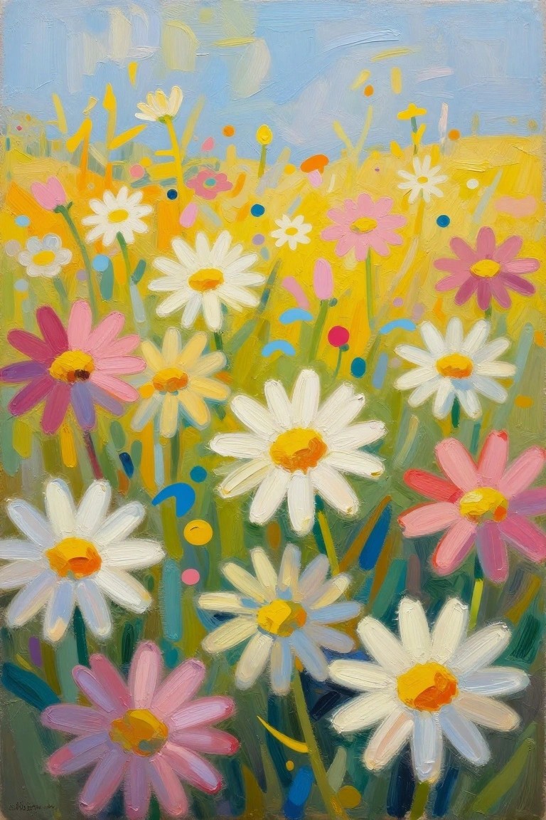 An oil painting of a vibrant field filled with white daisies and pink, purple, and yellow wildflowers under a blue sky.