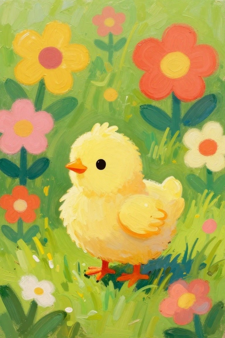 Yellow chick amid colorful flowers in vibrant green meadow painting