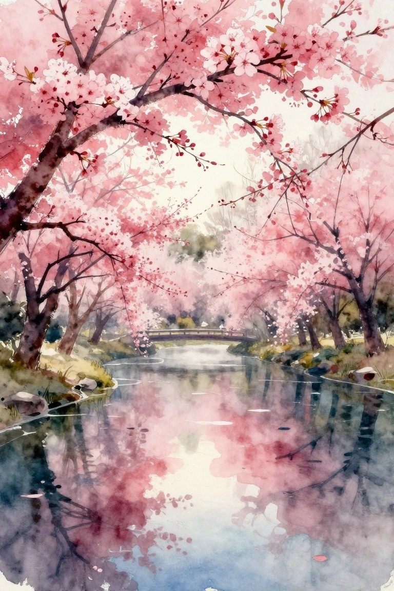 Watercolor of pink cherry blossoms arching over a calm river with bridge reflections.