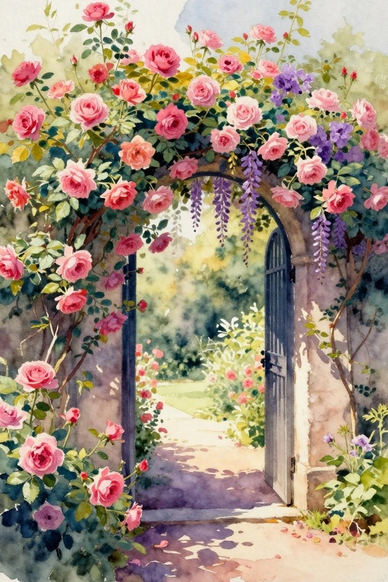 Watercolor of open gate beneath archway of pink roses and hanging purple wisteria.