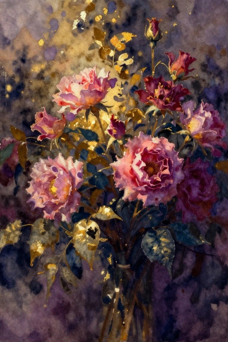 A watercolor painting of pink and purple roses in a bouquet with gold accents on the leaves and a dark purple background.