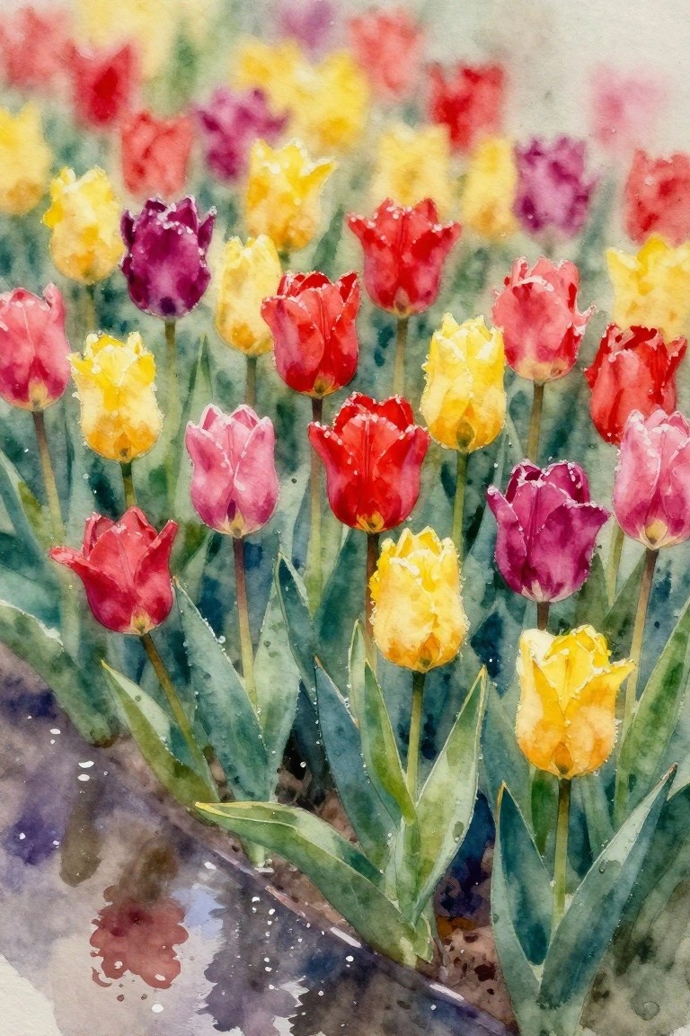 Watercolor of dew-covered tulips in red, yellow, pink, and purple hues