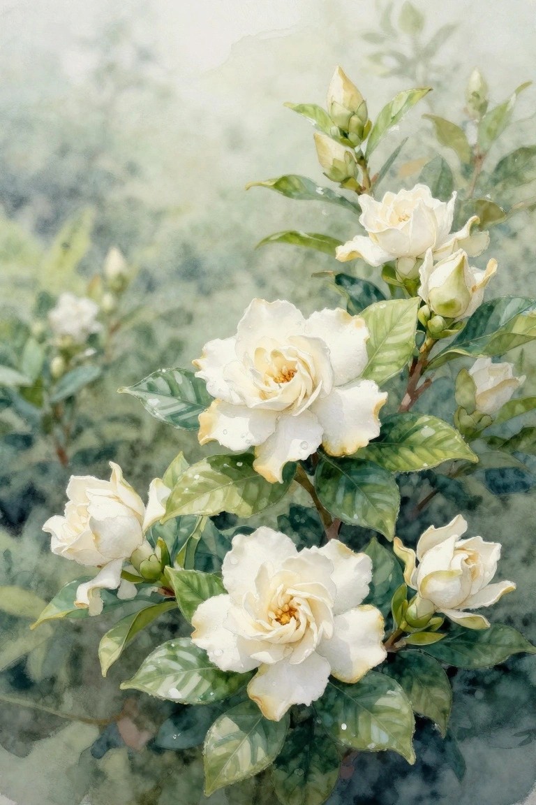 A soft-focus watercolor of several white gardenia flowers with green leaves and unopened buds against a hazy background.