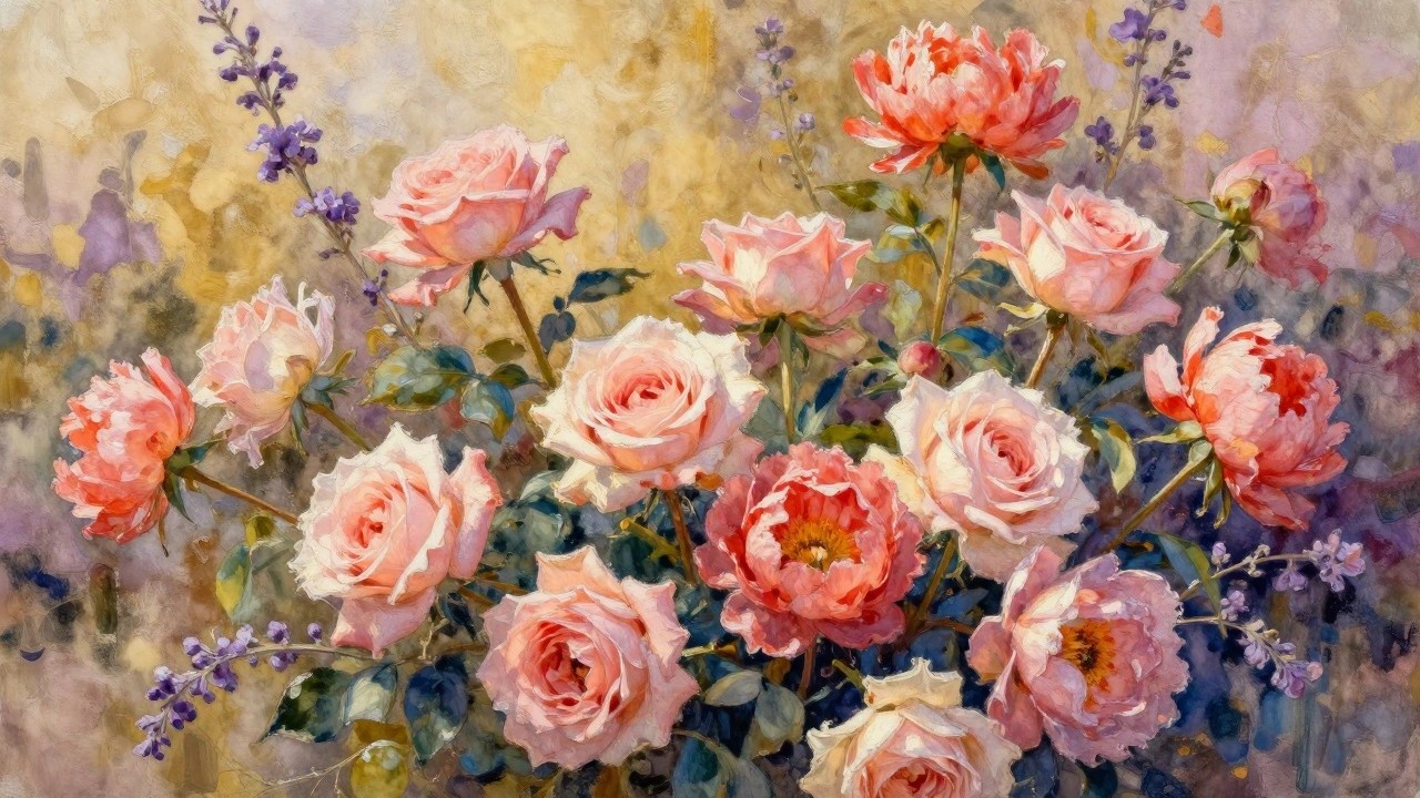 Abundant pink roses and purple lavender arranged in a clear glass vase