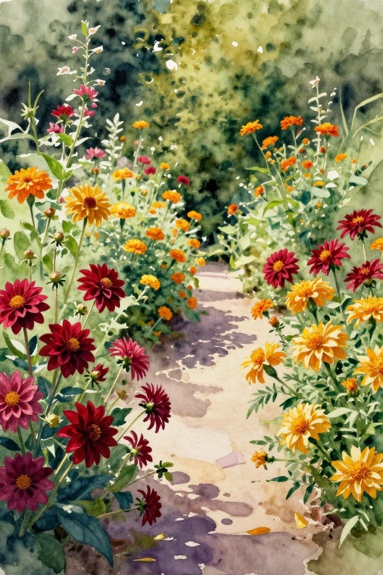 A watercolor painting of a narrow path through a garden filled with red, orange, and yellow flowers on both sides.