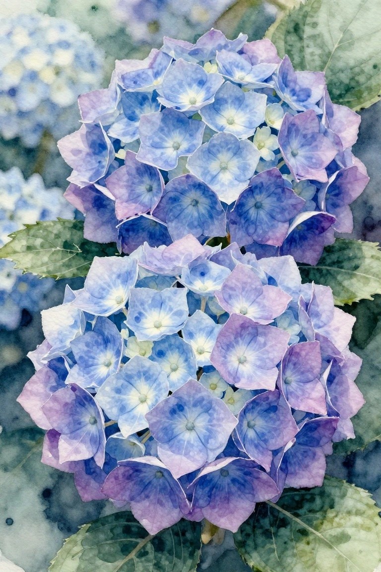 Blue and purple hydrangea blooms in soft watercolor style with green leaves