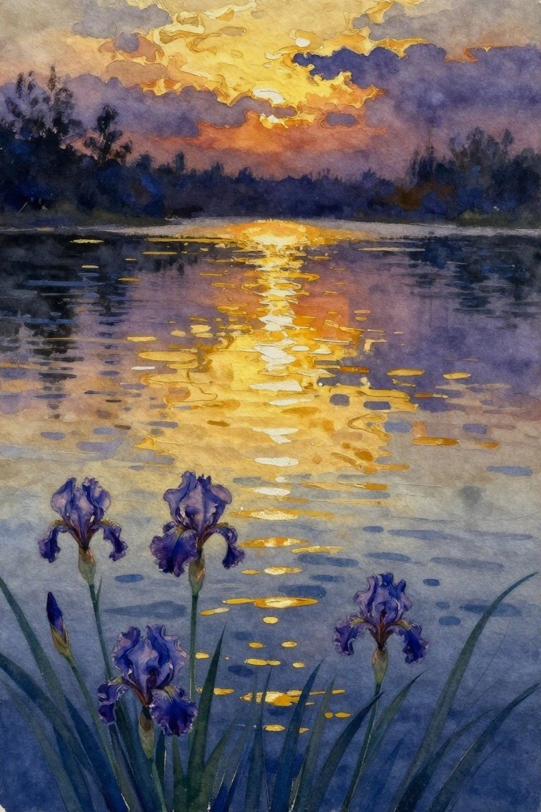 A watercolor painting of purple irises in the foreground beside a lake with a bright golden sunset reflection across the water and dark trees on the far shore.