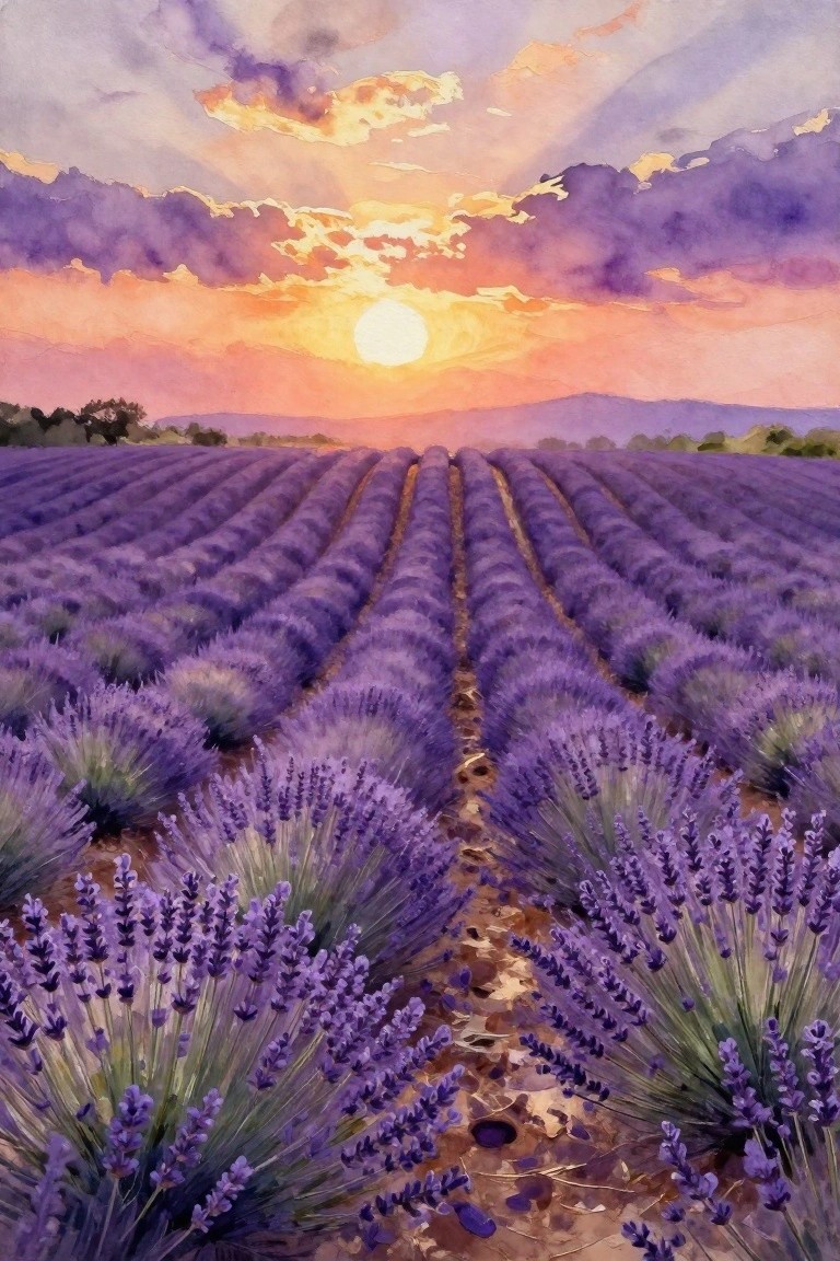 Watercolor of lavender rows at sunset under vibrant orange and purple skies