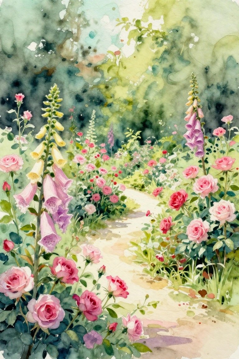 Watercolor garden path lined with blooming pink roses and foxgloves.