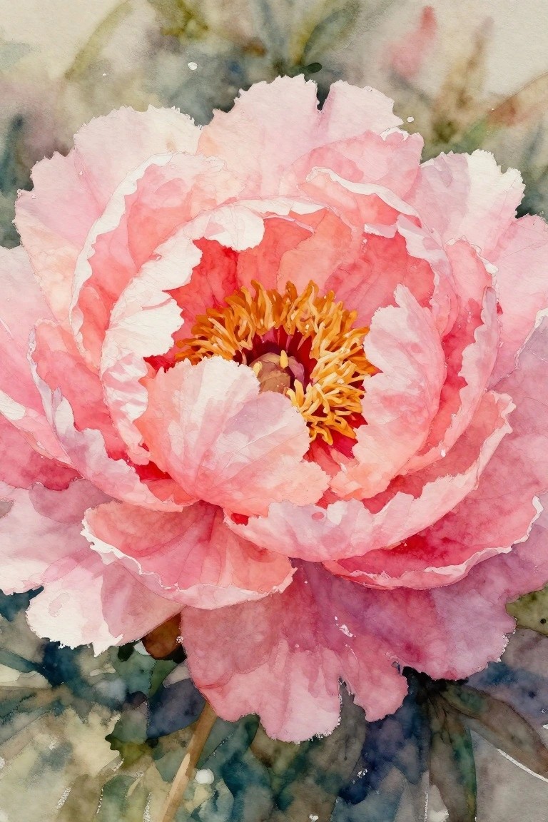 Watercolor close-up of blooming pink peony with yellow stamens and green leaves.