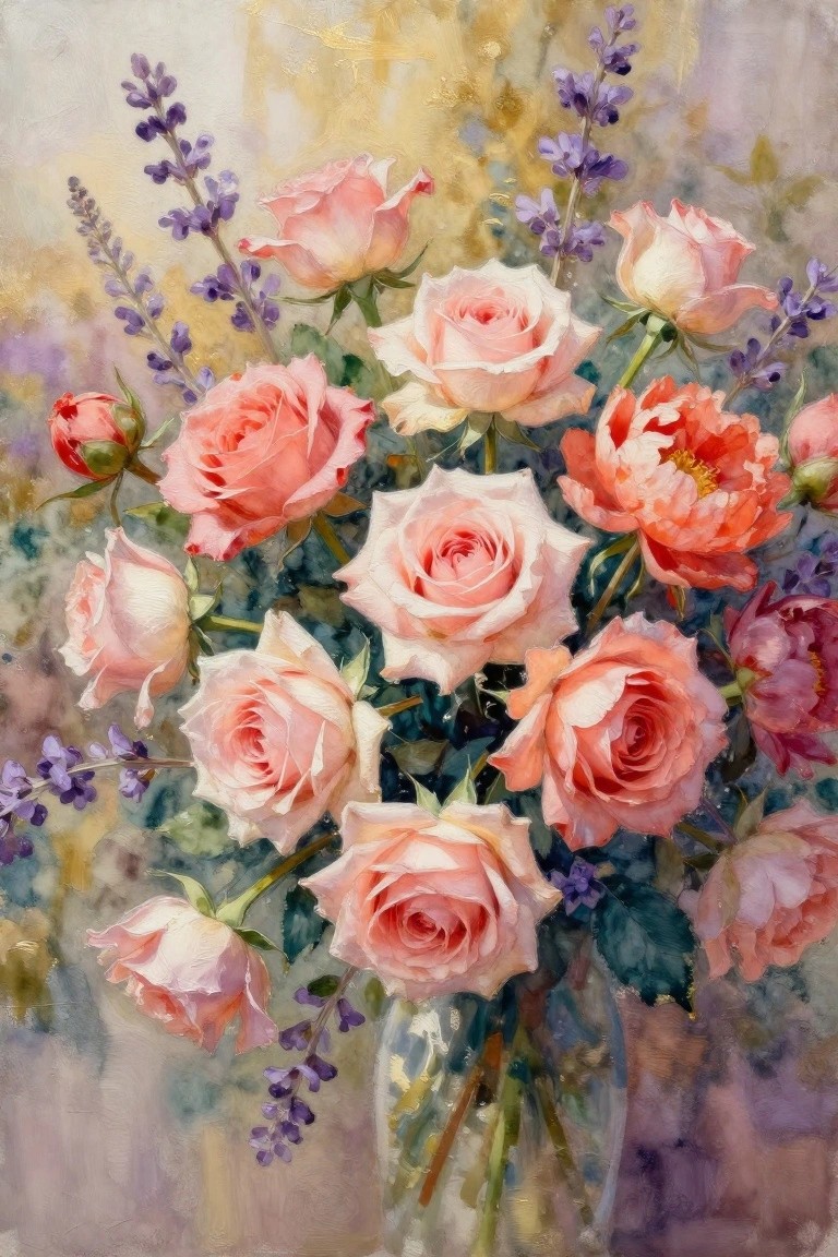 Abundant pink roses and purple lavender arranged in a clear glass vase