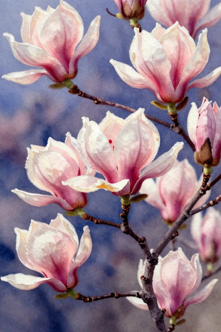 Watercolor painting of pink magnolia flowers on branches with blue background
