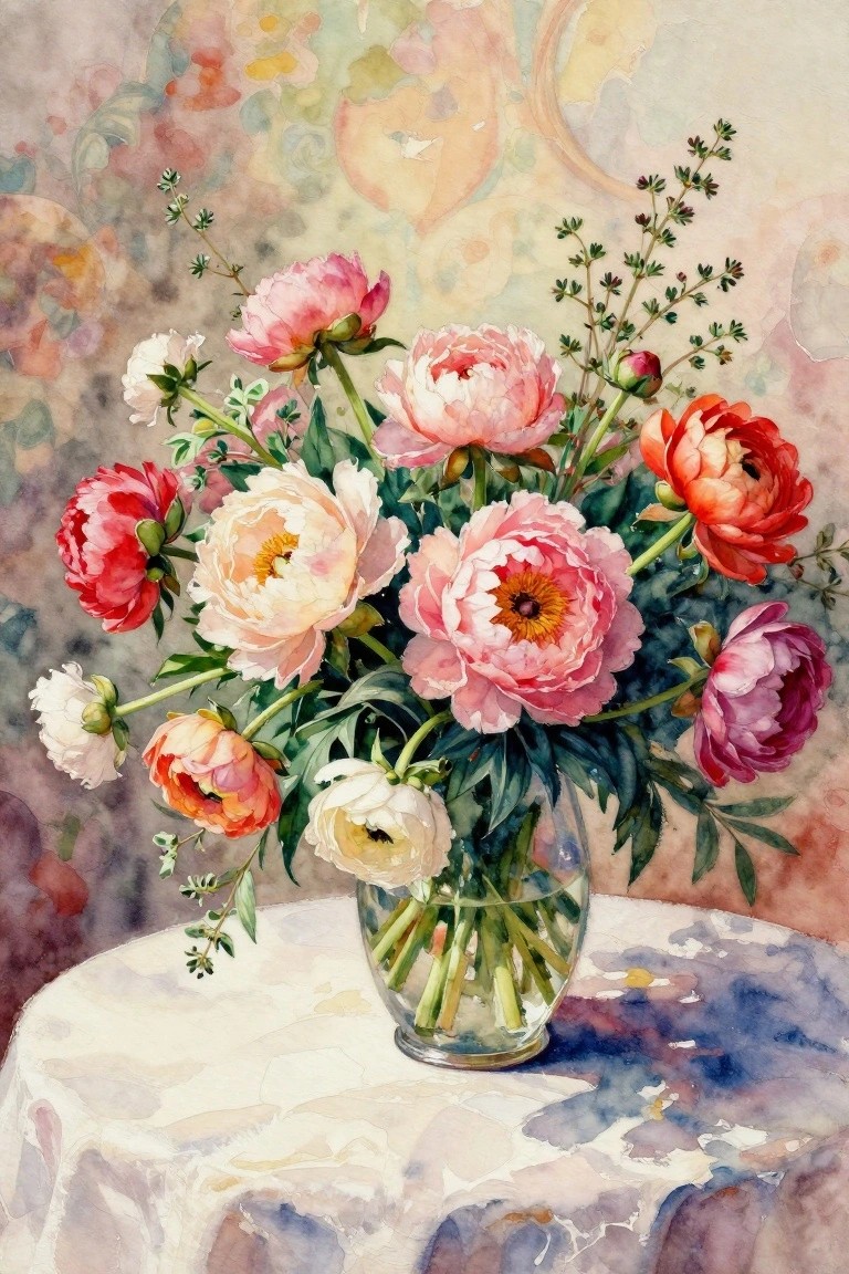 Watercolor of colorful peonies in glass vase on patterned table with abstract background.
