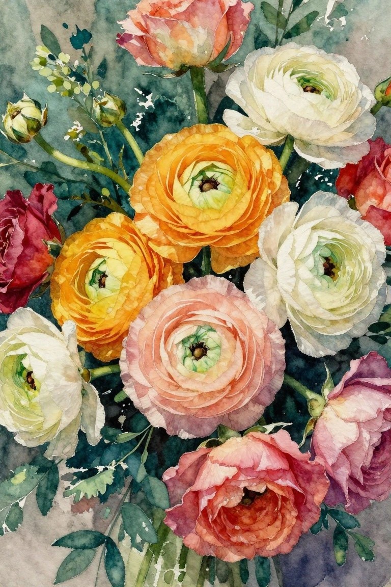 Vibrant watercolor bouquet of orange, white, pink, and red ranunculus flowers with green leaves.