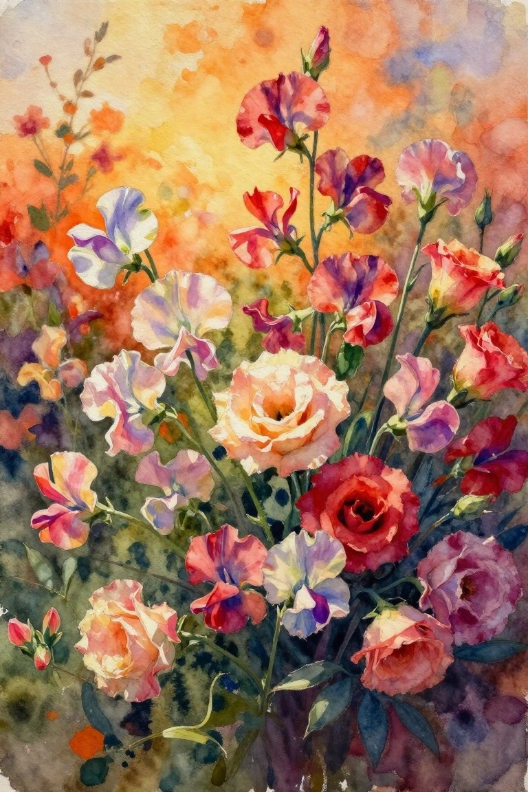 A watercolor painting of pink, red, and orange roses mixed with sweet peas on tall stems against a soft, colorful background.