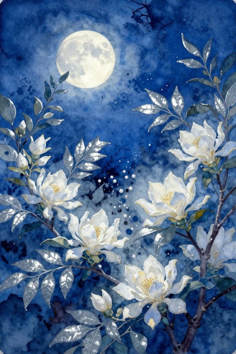 White magnolias with silver leaves beneath a full moon in blue watercolor night sky