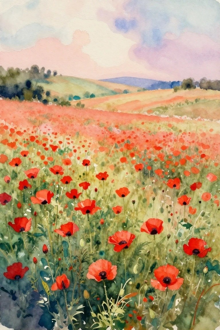 A watercolor painting of a red poppy field stretching across rolling hills under a soft pastel sky.