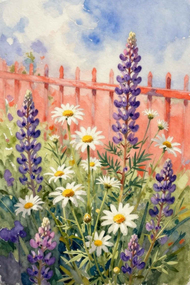 A watercolor painting of purple lupines and white daisies in front of a red wooden fence with a blue sky behind.