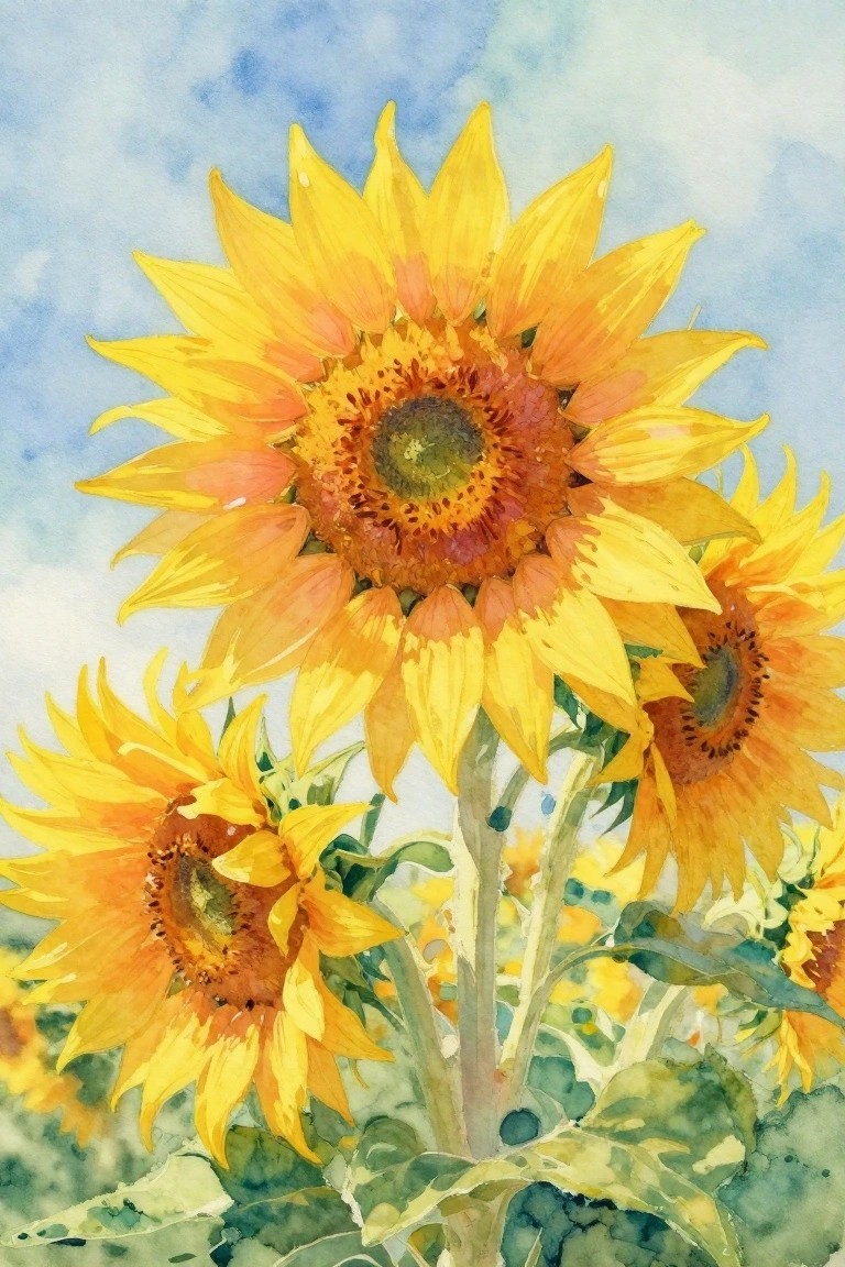 Watercolor painting of vibrant yellow sunflowers with green stems against blue sky