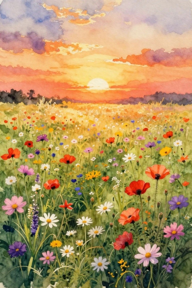 Vibrant watercolor meadow of colorful wildflowers beneath a dramatic orange-purple sunset