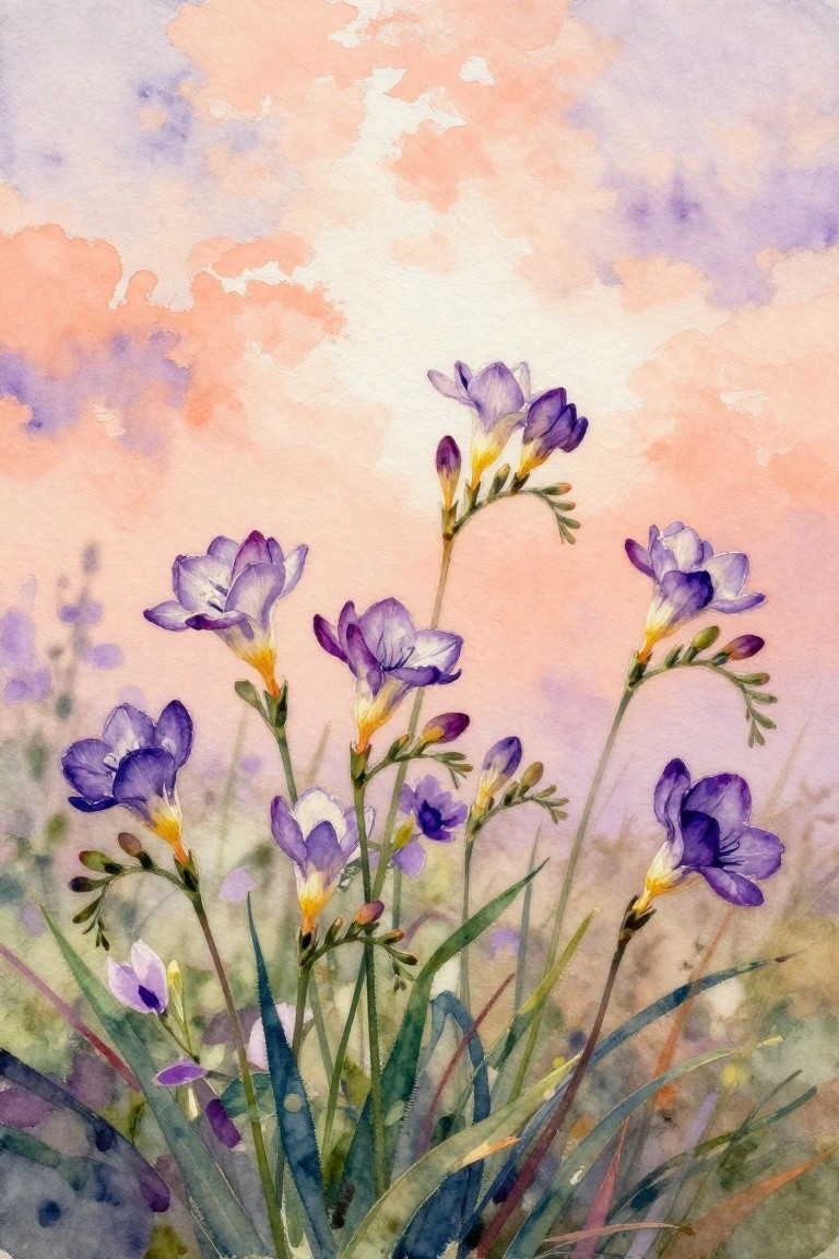 Watercolor painting of purple freesia blooms with green leaves against a pastel sky