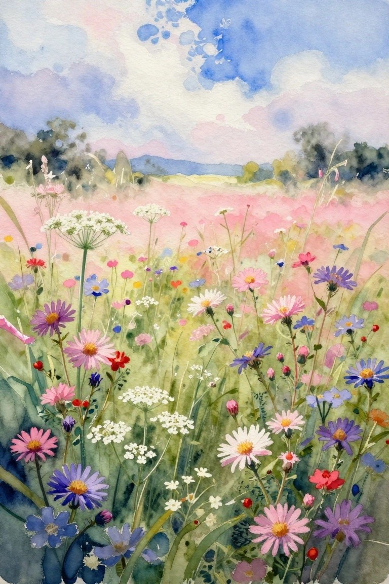 Watercolor meadow of pink, purple, and white wildflowers under a pastel sky