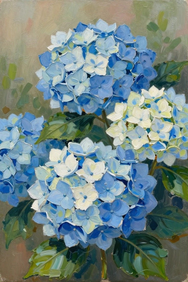 Oil painting of blue and white hydrangea blooms with lush green leaves.