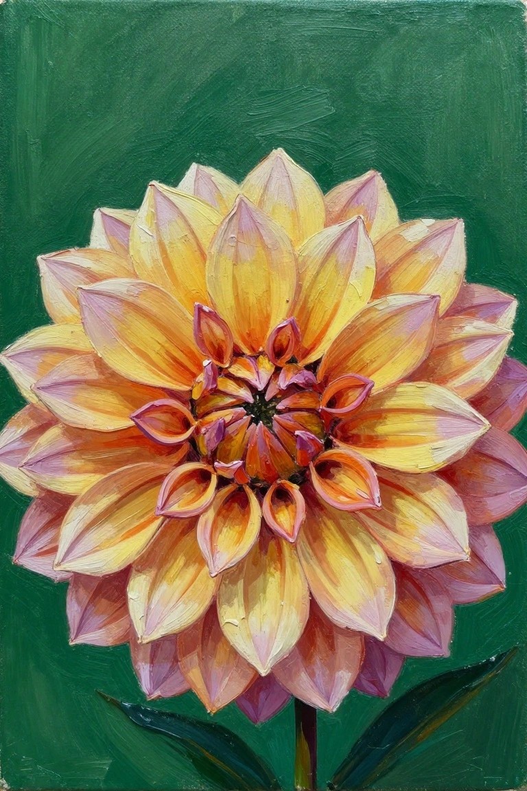 Vibrant dahlia bloom with layered yellow-orange petals and pink accents on green background