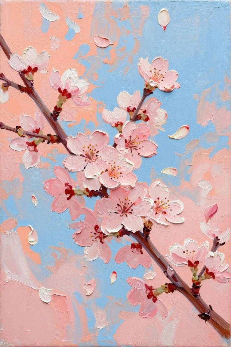 Pink cherry blossoms on branches against swirling blue and pink background with falling petals
