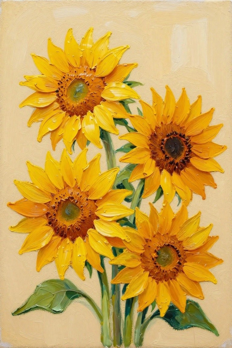 Acrylic painting of four yellow sunflowers with green leaves on a light beige background.