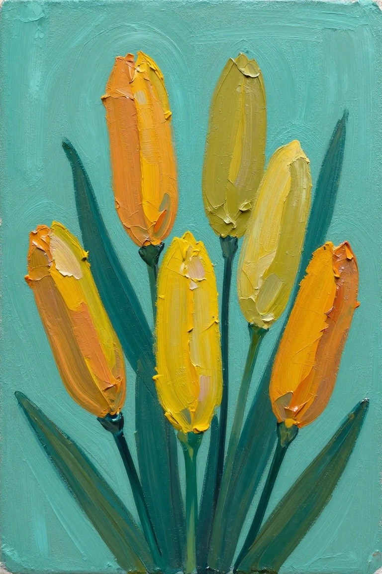 Thickly textured yellow and orange tulips with green leaves on turquoise background.