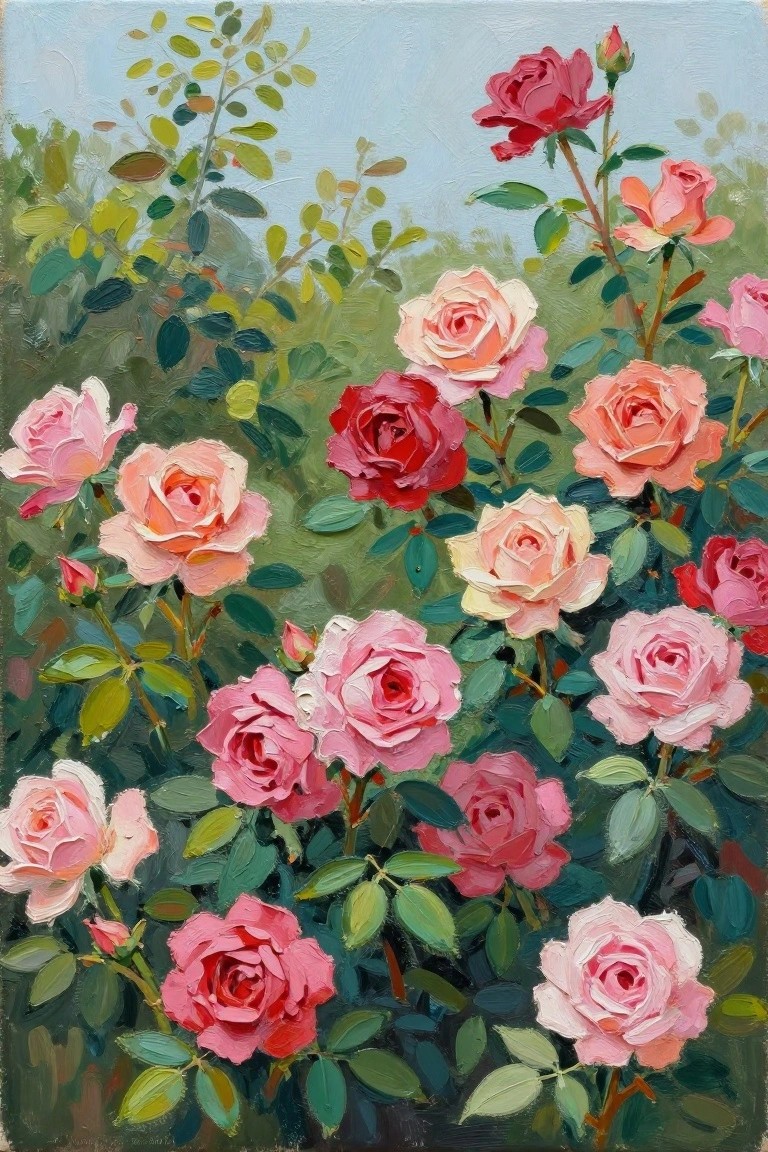 Dense cluster of blooming pink, red, and peach roses with green leaves