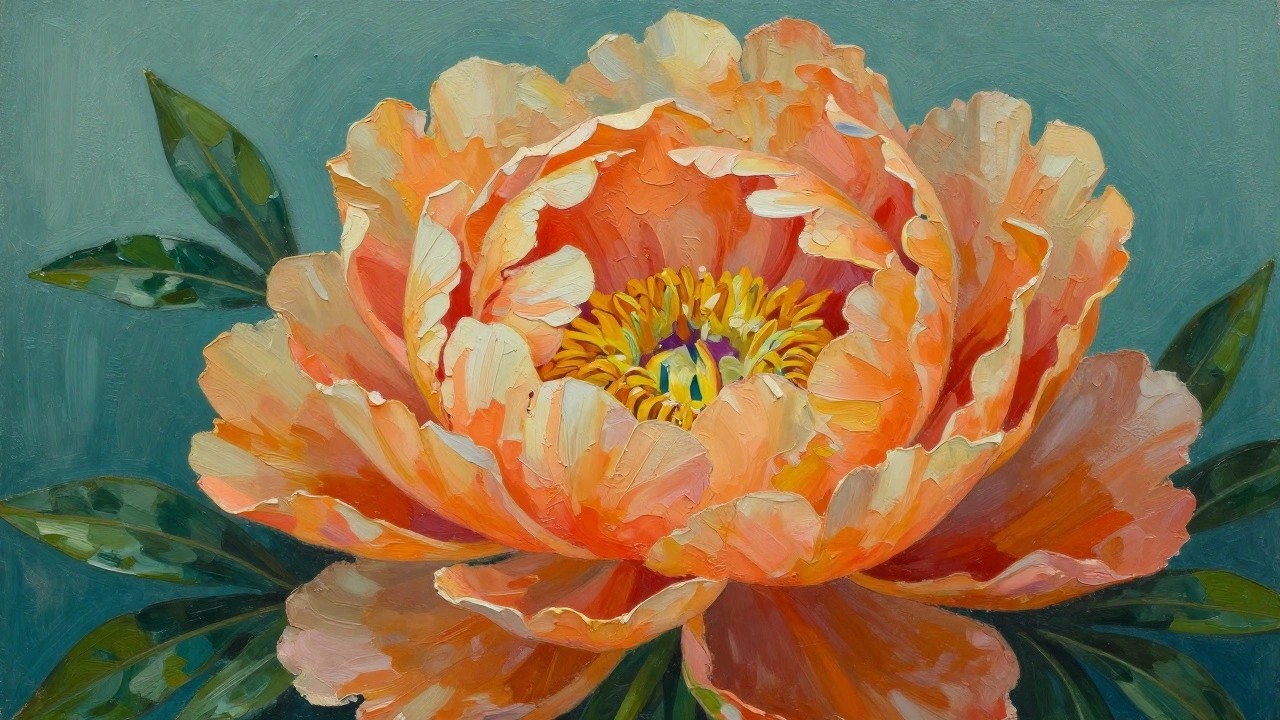 Large peach peony bloom with yellow center and green leaves on teal background