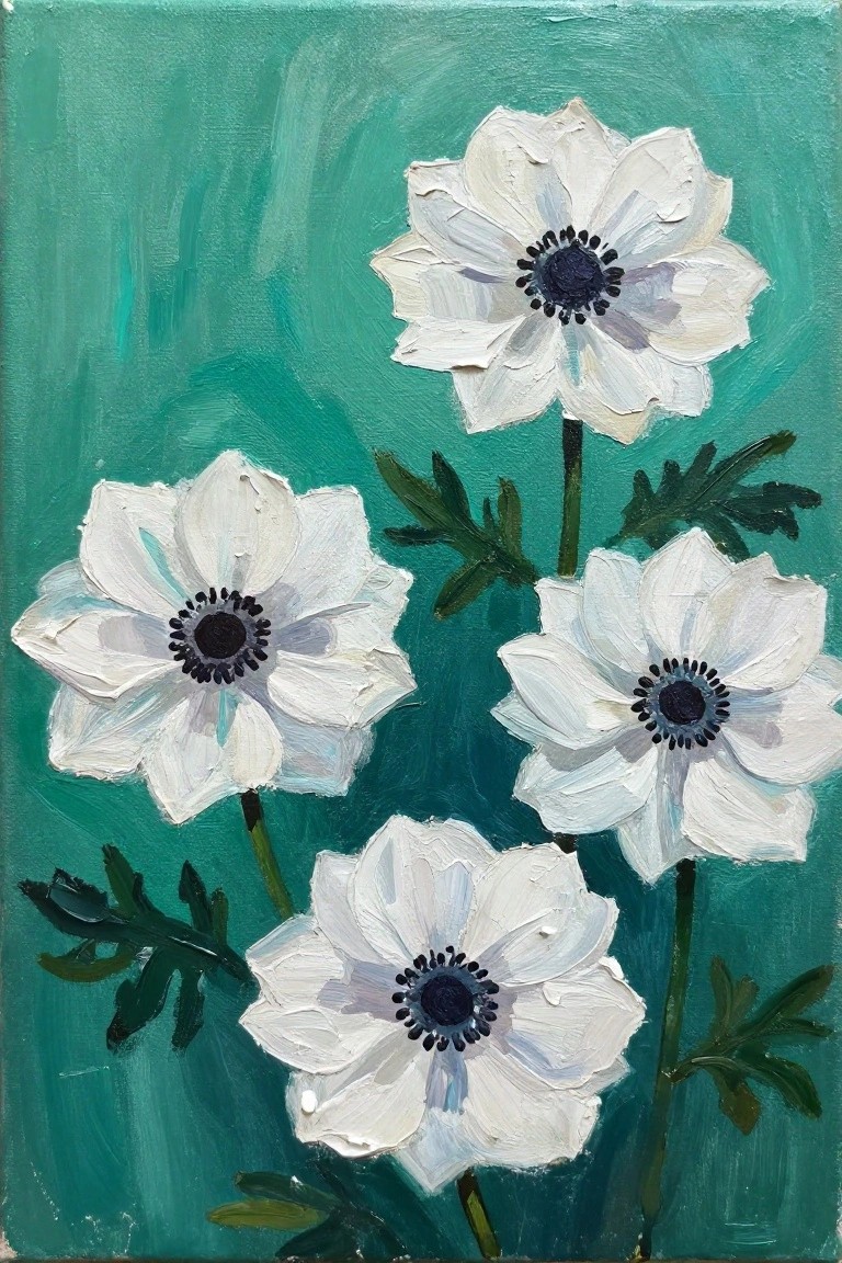 Oil painting of four white anemones with dark centers on teal background with green leaves