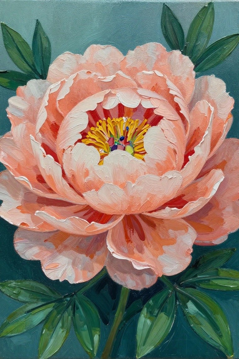 Large peach peony bloom with yellow center and green leaves on teal background