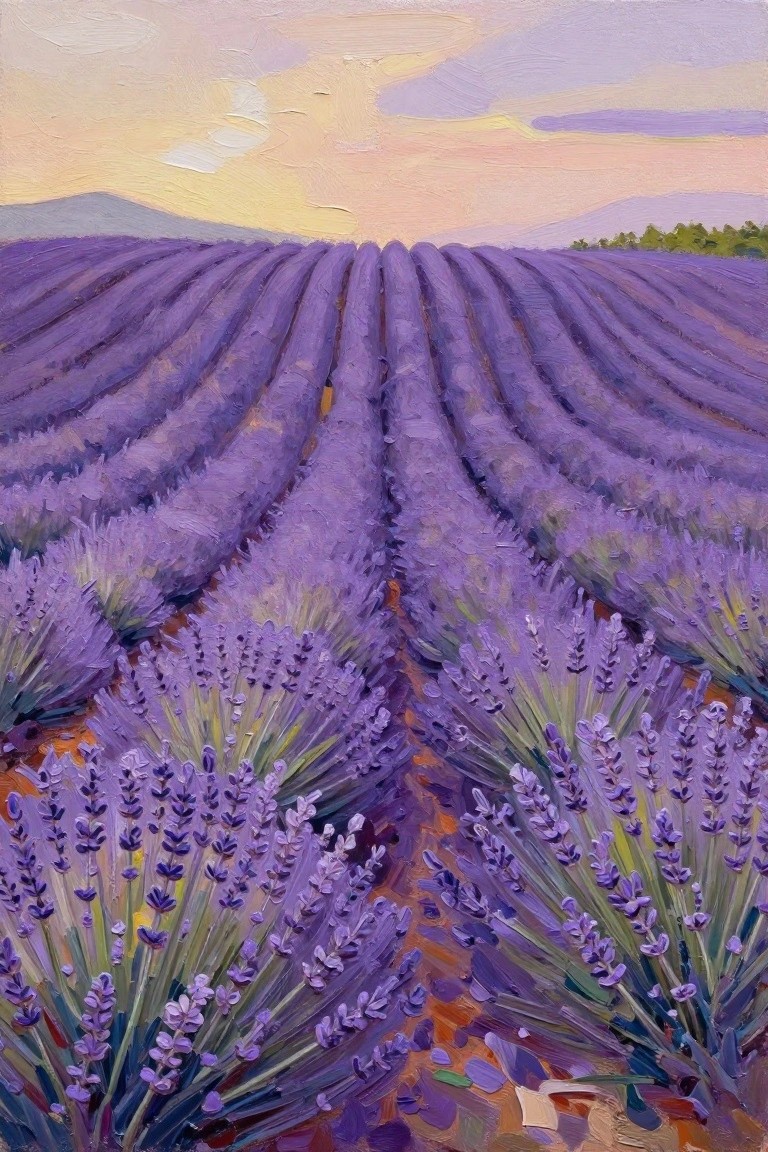 Rows of purple lavender under a vibrant sunset sky in oil painting style