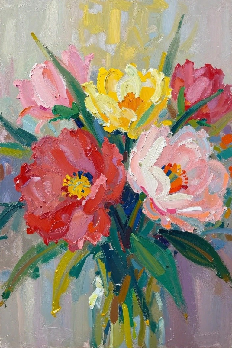 Thickly painted bouquet of pink, red, and yellow blooms with green leaves