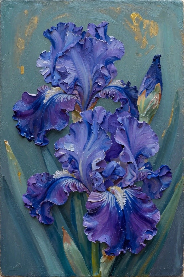 A close-up acrylic painting of several purple and blue iris flowers with thick textured petals against a teal background, including green leaves and a bud.