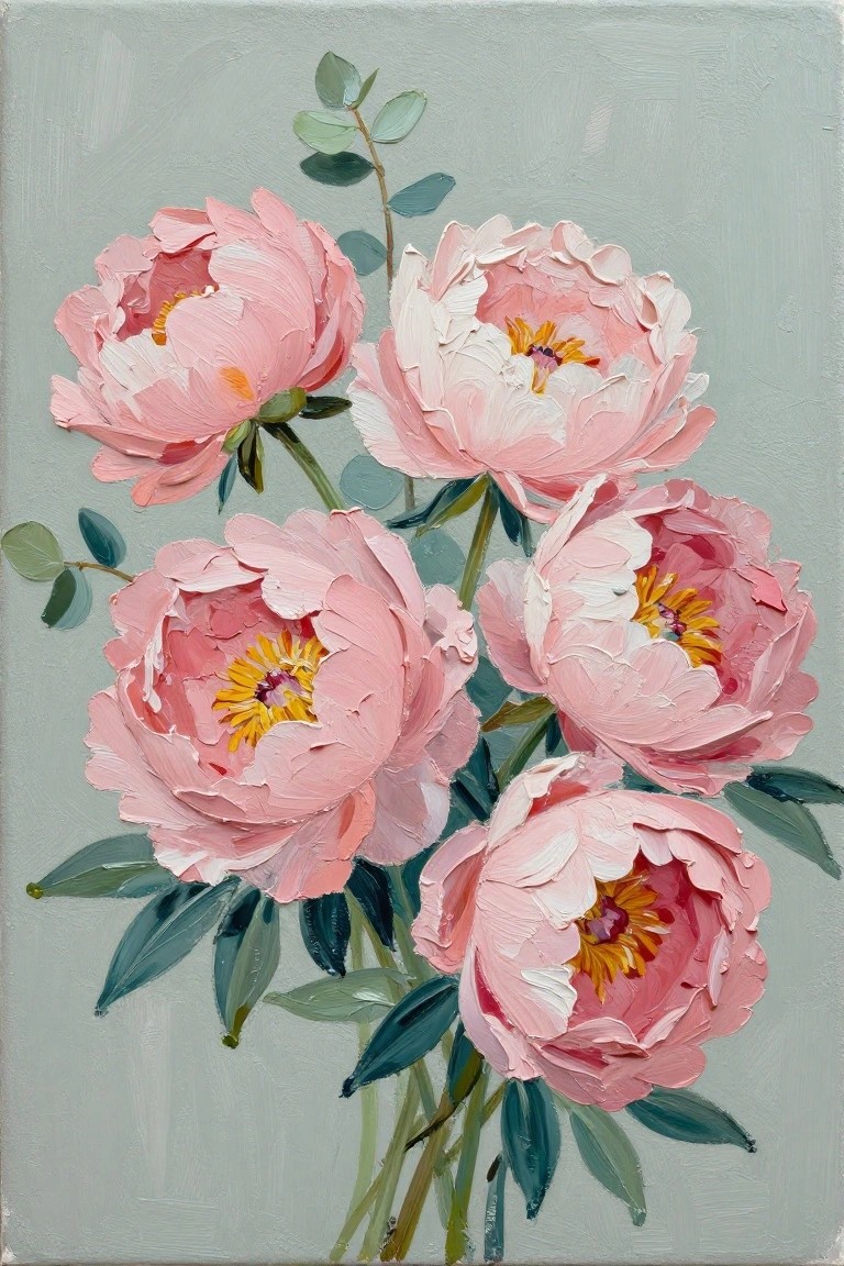 A painting of several pink peonies with yellow centers and green leaves on a light gray background.