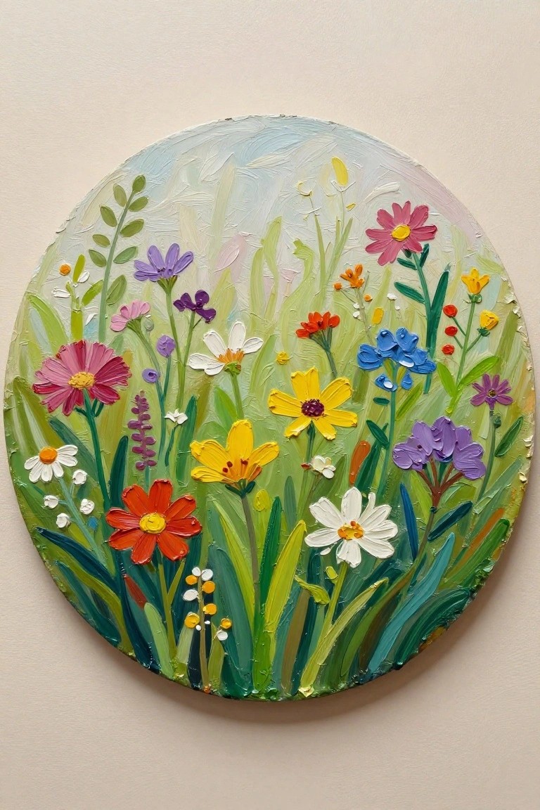 Textured circular painting of vibrant wildflowers in pink, yellow, blue, and red with green foliage \confidence{80}