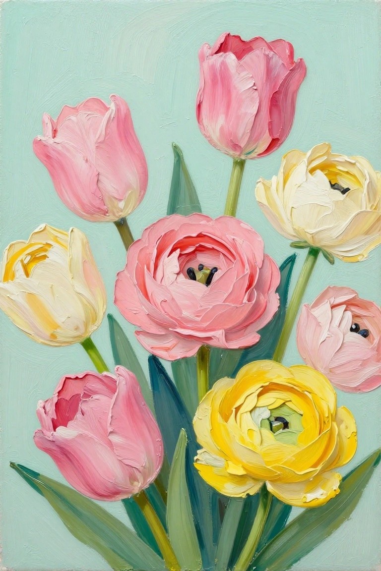 Pink and yellow tulips with thick brushstrokes on a soft blue-green background.